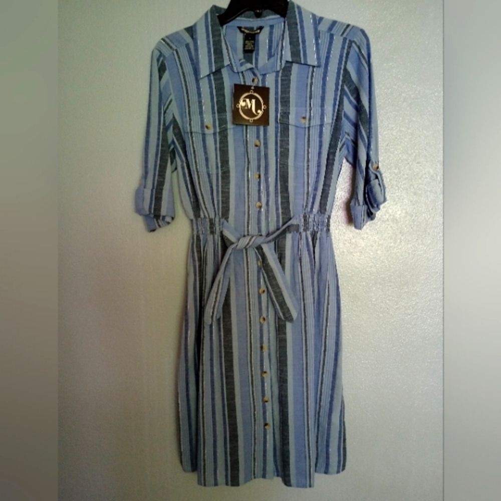 Denim Colored Button Up Striped Dress 100% Cotton Large